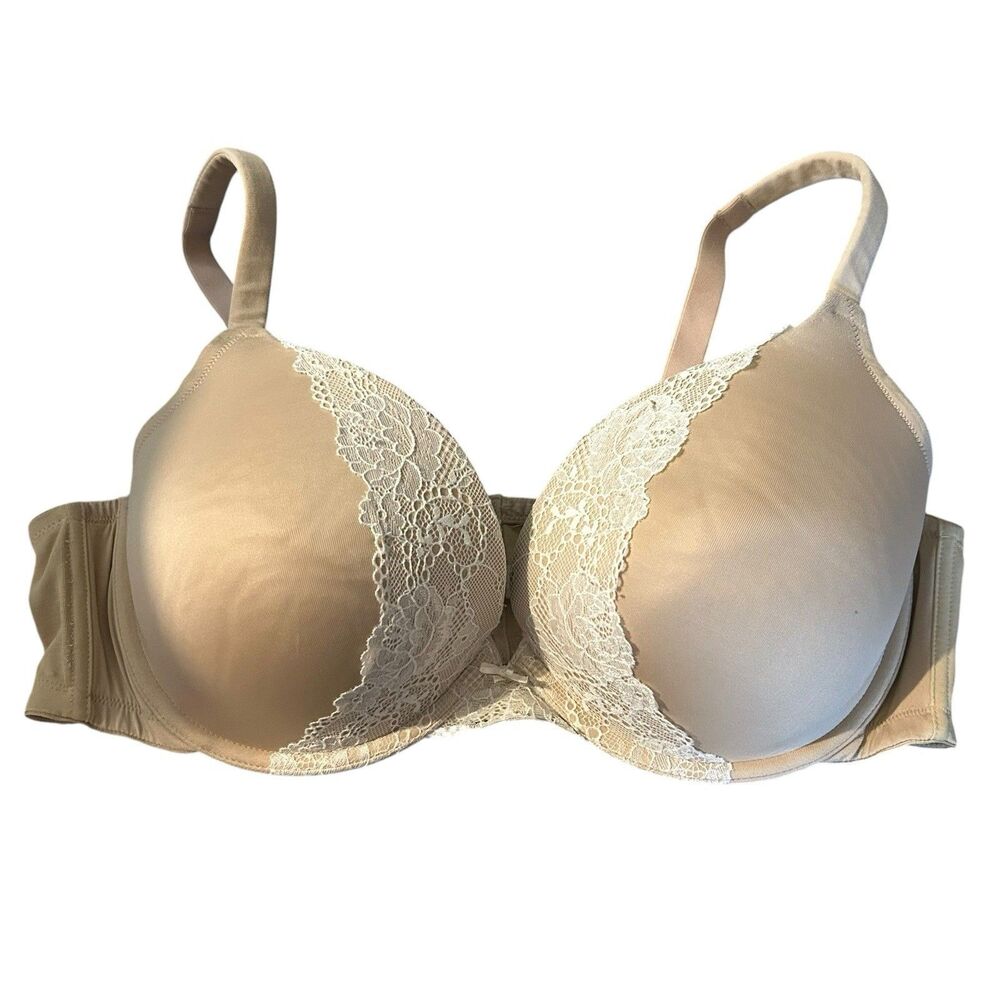 Lane Bryant Cacique Lace Smooth Boost Plunge Bra Size 44DD Beige Nude Tan